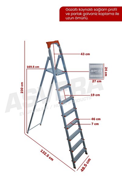 ASVERA Elmas Serisi – 7+1 Basamaklı Galvanizli Profil Merdiven | Ev, Bahçe, İş Yeri İçin Dayanıklı