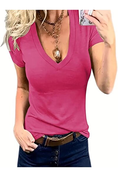 Trendimax Tricou de damă cu decolteu în V, mânecă scurtă, de vară, uni, bluză...