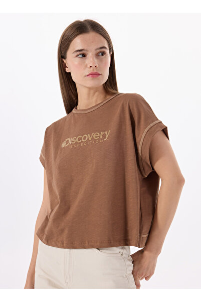Discovery Expedition D5SL-TST3571 Kahve Bisiklet Yaka Relaxed Baskılı Kadın T...