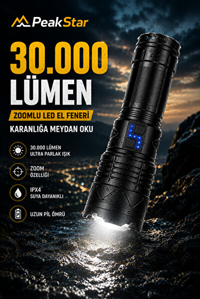 PeakStar PS-1998 Ultra Parlak Su Geçirmez Zoomlu Güçlü 200w 30000 Lümen Şarjl...