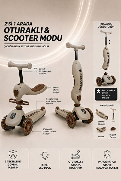 indirimsevinci 2’si 1 Arada Oturaklı Çocuk Scooter Led Işıklı Müzikli 3 Teker...