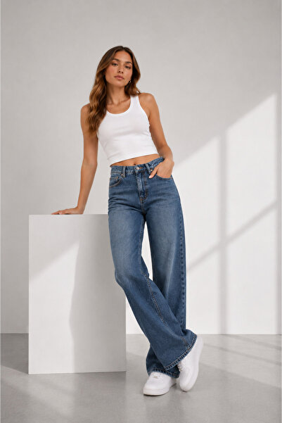 MG GİYİM STORE Kadın Yüksek Bel Wide Leg Bol Paça Vintage Mavi Kot Pantolon