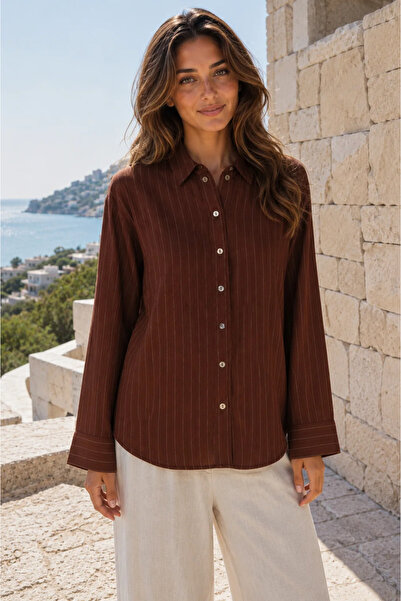 ABBRA Women's Buttoned Striped Cotton Summer Shirt