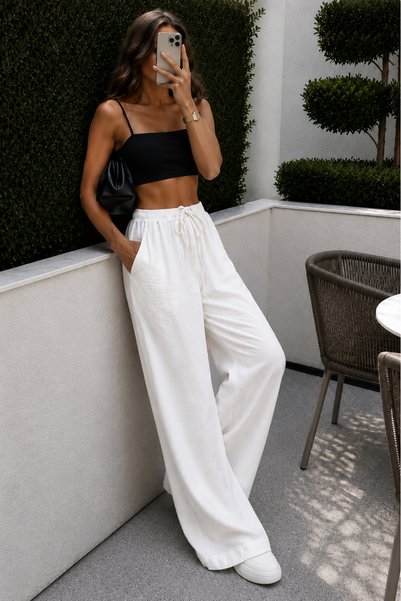 Sun Victoria Women's White Linen Blended High Waist Loose Wide Leg Palazzo Trousers