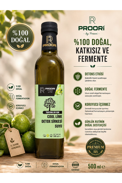 Proori Doğal Cool Lime Detox Sirkesi Suyu Doğal Fermente Canlı Sirke 500 ml