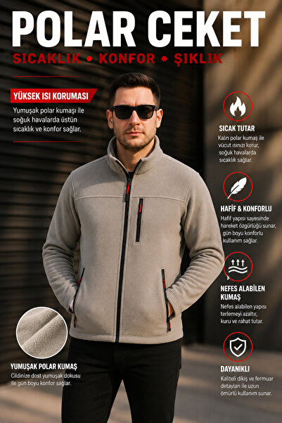 LUXIC CORE Men's Gray Zippered Fleece Jacket with Stand-Up Collar for Daily a...