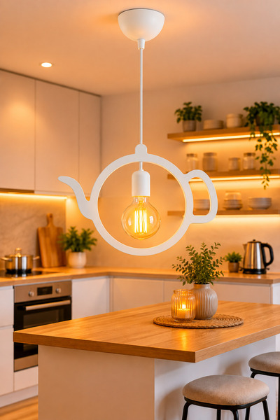 VENON Beyaz Sarkıt Metal Çaydanlık Tasarımlı Avize – Mutfak ve Cafe Dekoratif...