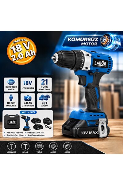 LABOR Profesyonel BX8015 Akülü Vidalama 18 V 2.0 Ah Çift Akülü Vidalama