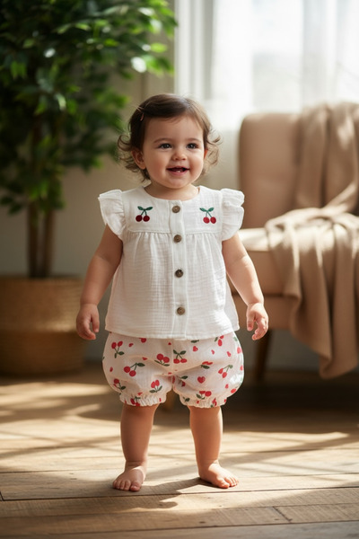 BİANCOFİGLİO Müslin KUMAŞ KIZ BEBEK ŞORTLU TAKIM
