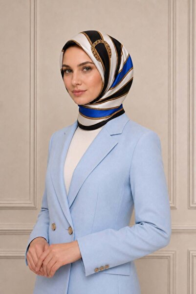 Vissona %100 Twill İpek Kemer Desenli Siyah - Saks Renkli 90x90 Eşarp Dikim Ş...