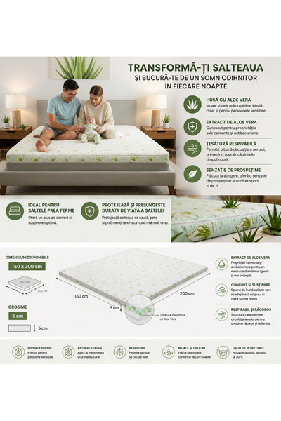 Extramall Topper Saltea 160x200 cm Aloe Vera, Confort Extra, Husă Antibacteri...