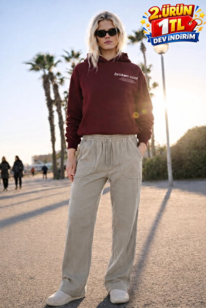 DAMGA JEANS بنطلون نسائي من الكتان باللون الرمادي بخصر مرتفع ومرن