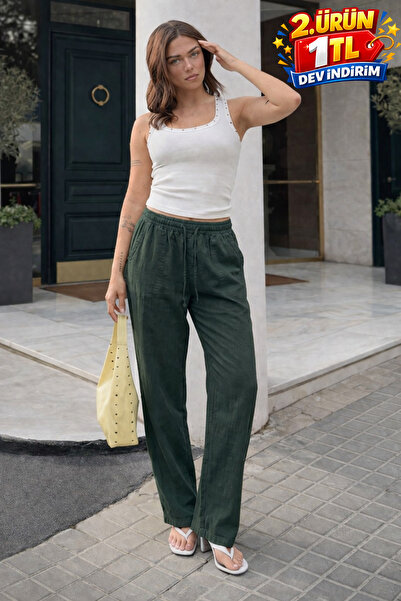 DAMGA JEANS Γυναικείο Παντελόνι Λινό Χακί Πολύ Φαρδύ Premium Trend