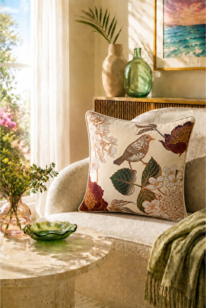 Fabricland Ithal Ipek Kadife Kuşlu Desen Krem Kırlent Kılıfı 43x43cm (ÇİFT TA...