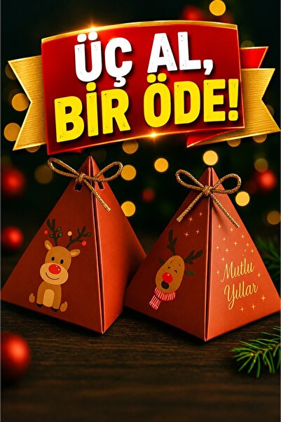 Emtory Home Kırmızı Geyik Konsept 10'lu Piramit Kutu - Hediye Kutusu - Yılbaş...
