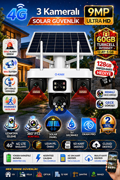 SLTECH O-KAM OK-301 PREMiUM (3+3+3) AOV 9MP 4G Sim Kartlı Solar Panelli 3 Len...