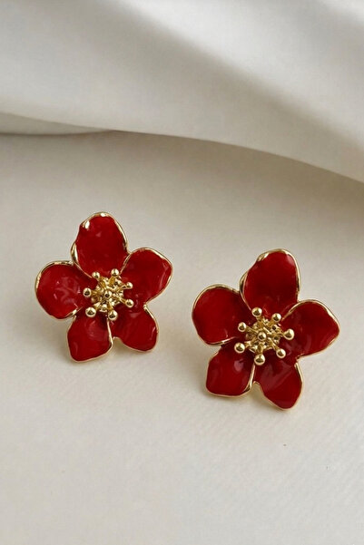 Crc Bijuteri Gold Plated Red Flower Earrings