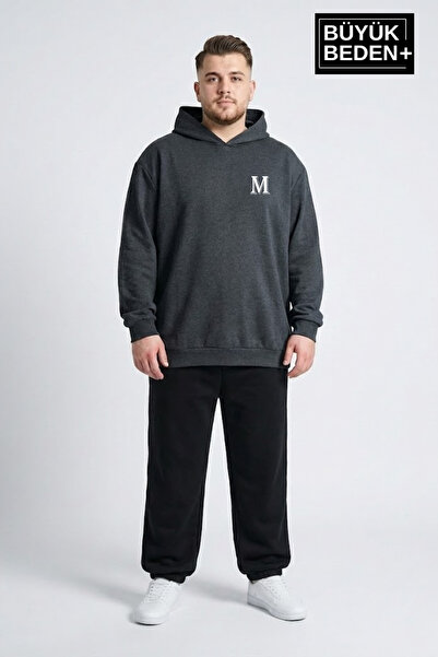 Süperlife سويت شيرت رجالي كبير الحجم بقلنسوة رفيعة مطبوع عليه M SPR26BSW957-13