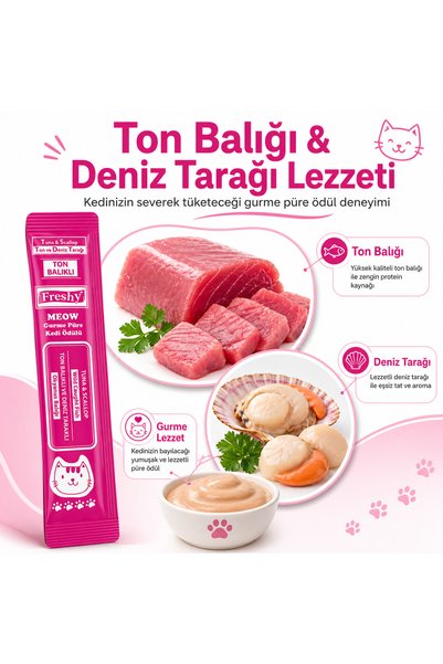 Genel Markalar Meow Gourmet Puree Tuna Balıklı Ve Deniz Taraklı Kremalı Kedi Ödülü 60gr 5'li