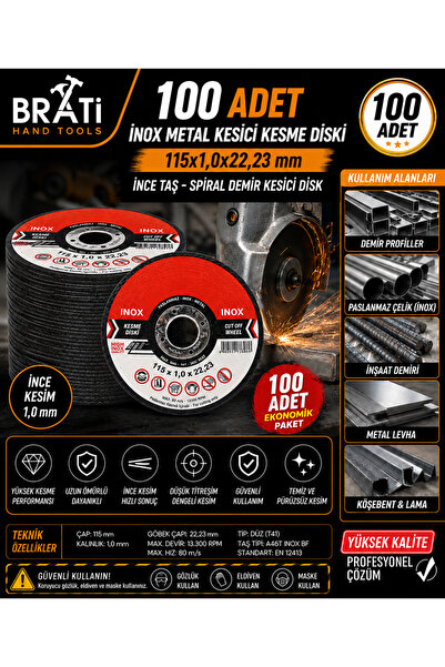 BRATİ HAND TOOLS İnox Metal Kesici Kesme Diski 115x1,0x22,23 mm İnce Taş (100...