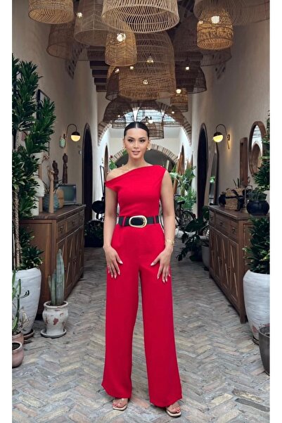 Moda Banuş Premium Kalite Kemer Detaylı Kırmızı Tulum