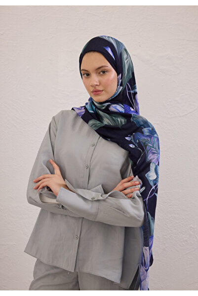 Freshscarfs Elegant Flower Desen Rami Şal Lacivert