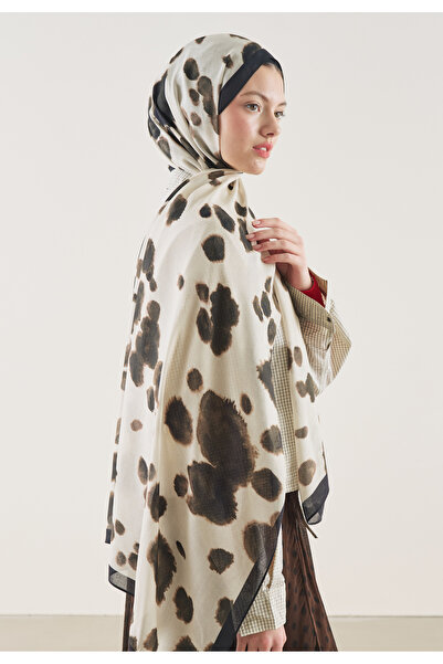 Freshscarfs Bej Cow Prınt Desen Rami Şal