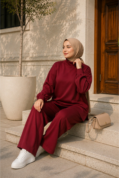 NEED LİFE Kadın Bordo Double Pamuk Kumaş Kapüşonlu Rahat Kalıp Dik Yaka Tunik...