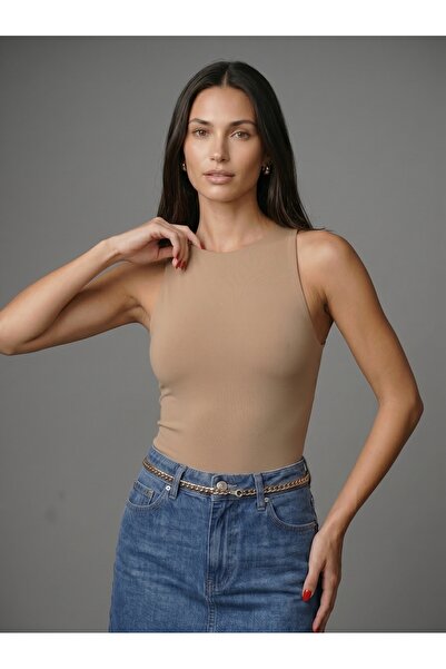 Noe Collection Kadın Bej Halter Yaka Slim Fit Likralı Bodysuit Günlük Şık Çıt...