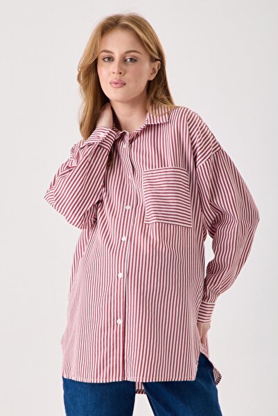 KATLİN MATERNİTY WEAR Hamile Oversize Kalıp Bordo Çizgili Gömlek, Tek cepli D...