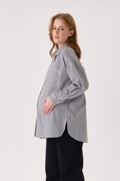 KATLİN MATERNİTY WEAR Hamile Oversize Fit Black Striped Shirt with Single Poc...