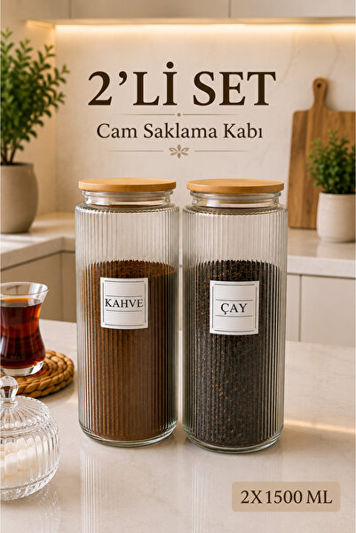 naturelove 2'li Ahşap Vakumlu Kapaklı Çay ve Kahve Kavanozu Saklama kabı Cam ...