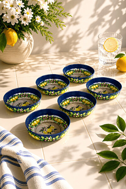 Sarkap Home 10 cm Çap, 3.2 cm Yükseklik 6'lı Lemon Design Lacivert Dondurmalı...