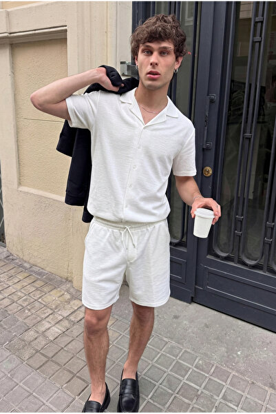 DAMGA JEANS Men's Linen Polo Collar Shirt Lace-Up Summer Shorts White Two-Pie...