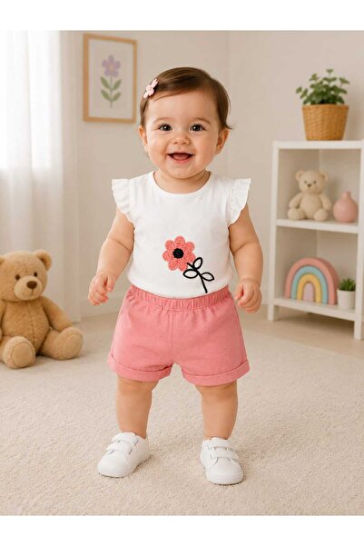 LİLİYUM Yazlık Çiçek Nakışlı Kız Bebek Takımı 2’li Alt Üst Set