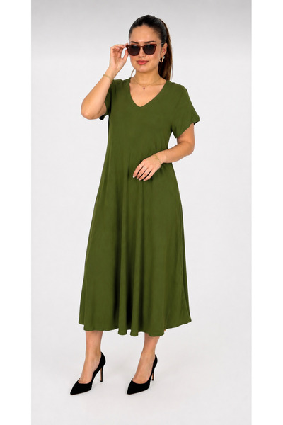 ELSEBUTİKTR Women's Plus Size Khaki V-Neck Relaxed Fit Summer Cotton Viscose ...