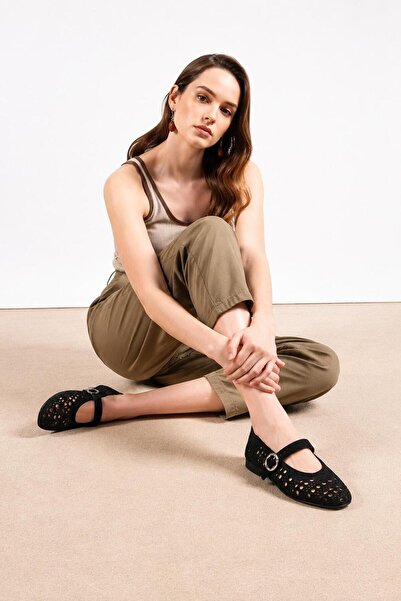 PİERRO SHOES Hakiki Deri Delikli Mary Jane Tokalı Günlük Kadın Babet