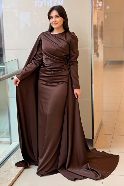 Mahal Fashion Night Satin Evening Dress with Cape