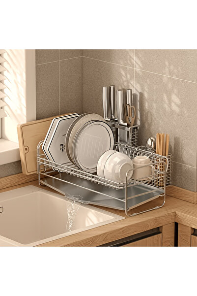 HT Home Organizers رف أطباق مطبخي كبير السعة من الفولاذ المقاوم للصدأ مع لوح ...