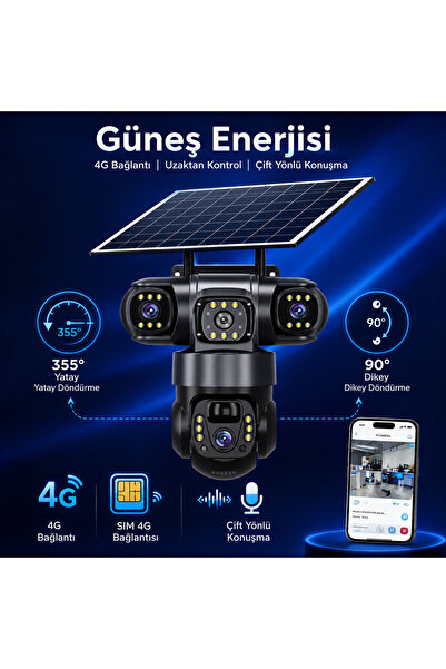 Dobest Güneş Enerjili 9MP 3 Kameralı HD SIM Kartlı PTZ Gece Görüşlü Güvenlik ...