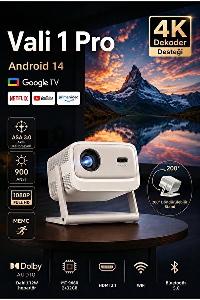 wanbo Vali 1 Pro. WiFi ve Bluetooth Destekli Google TV 4K Akıllı Projeksiyon ...