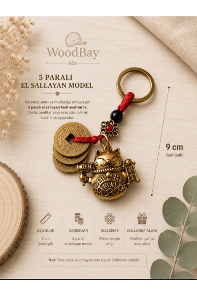 WoodBay Breloc Feng Shui Pisica Norocoasă cu 5 monede chinezești Maneki Neko ...