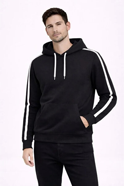 Generic Brand Men's Striped Hooded Sweatshirt Oversized 3 Thread Cotton - Black