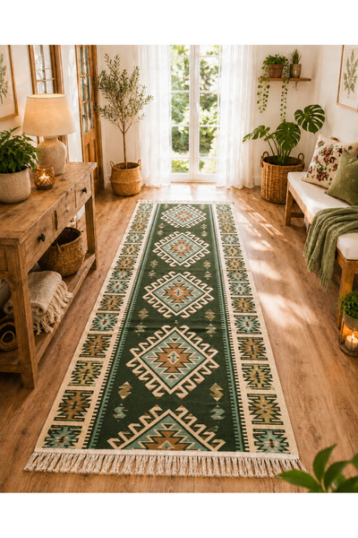 OEM Covor traditional, tesut, iuta, cu doua fete, dimensiunea 80x200cm verde ...