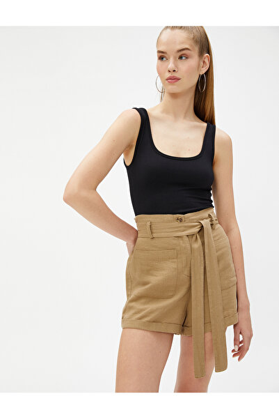 Koton High Waist Shorts Linen Blend Belted Pocket Detailed