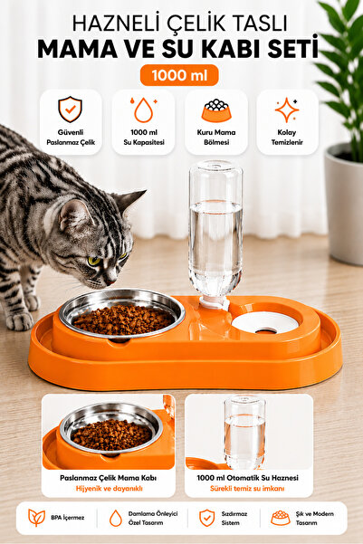Miapet Hazneli Çelik Taslı Kedi-köpek Mama Ve Su Kabı Seti 1000ml Turuncu