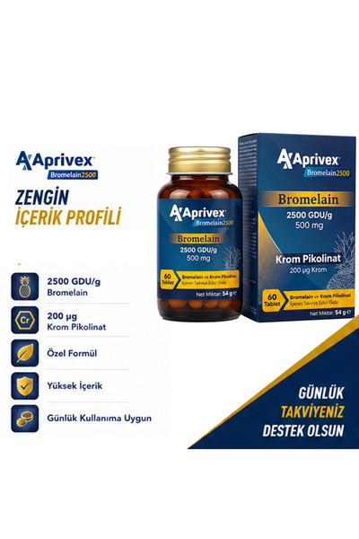 Aprivex بروميلين 2500 GDU 60 قرص - مكمل غذائي بنكهة الأناناس ذو نشاط إنزيمي عالي يحتوي على 500 ملغ بروميلين، 200 ميكروغرام كروم بيكولينات
