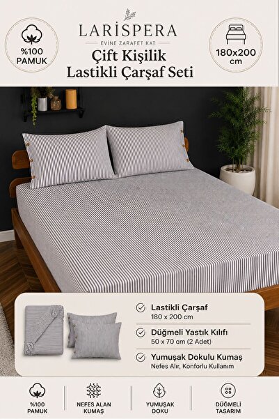 Larispera Set cearșafuri duble elastice, din bumbac, vopsite în fir, 180x200c...