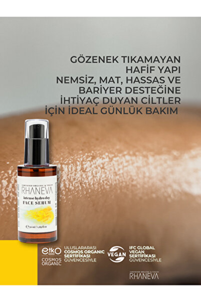RHANEVA Hyaluronik Asit Serum, Yoğun Nem ve Bariyer Desteği, Organik ve Vegan Sertifikalı, 50 ml