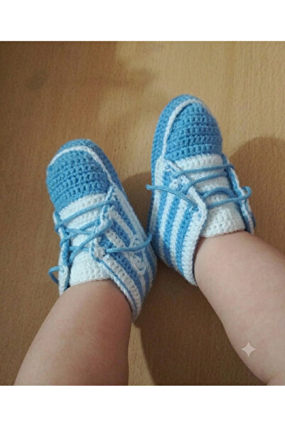 GÜZEL KAMAN Hand-Knitted Baby Booties 1 Piece White with Blue (for 6 Months a...